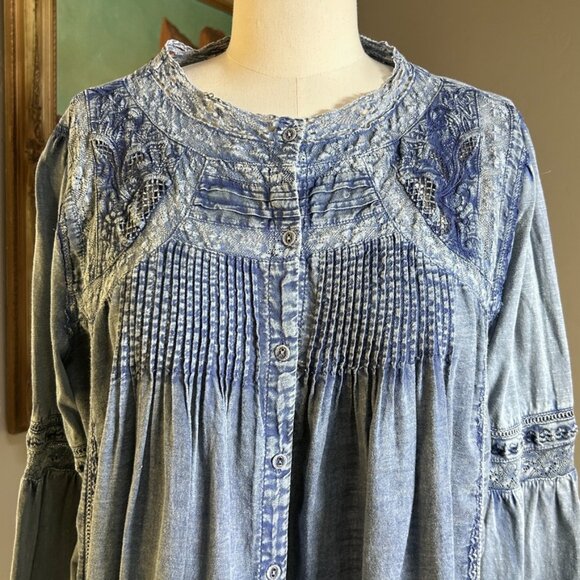 Sundance Cotton Boho Peasant Blouse Prairie Romantic Indigo Blue Women L - Picture 5 of 14